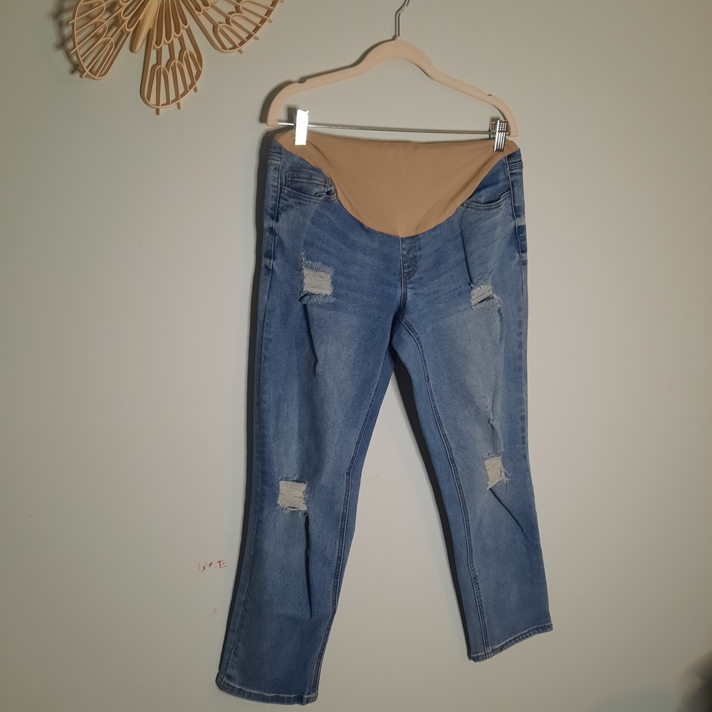 Time and Tru Maternity Distressed Straight Leg Jeans Med Wash Blue Size M 8-10